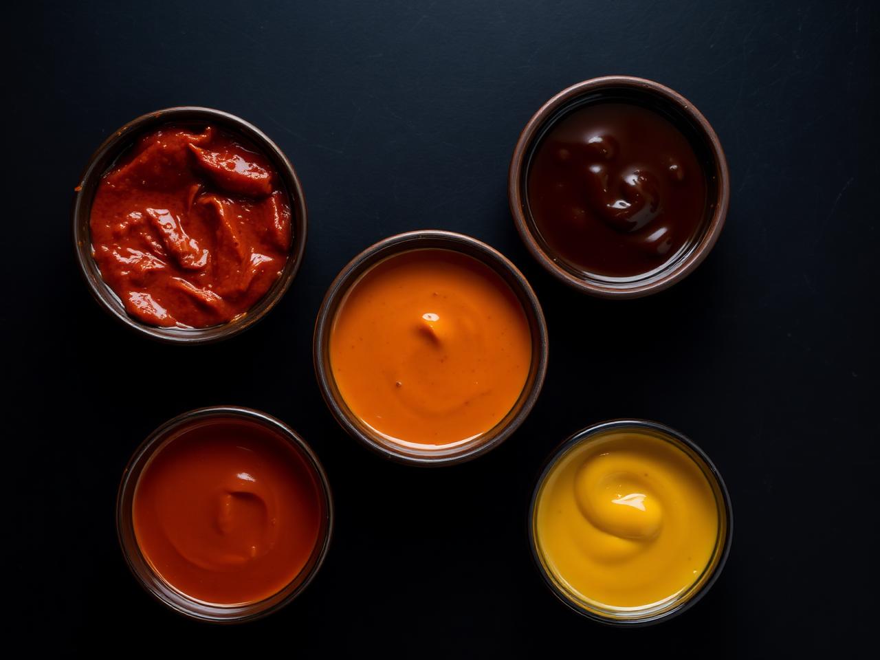 Imagen de referencia de las cinco salsas servidas en recipientes individuales